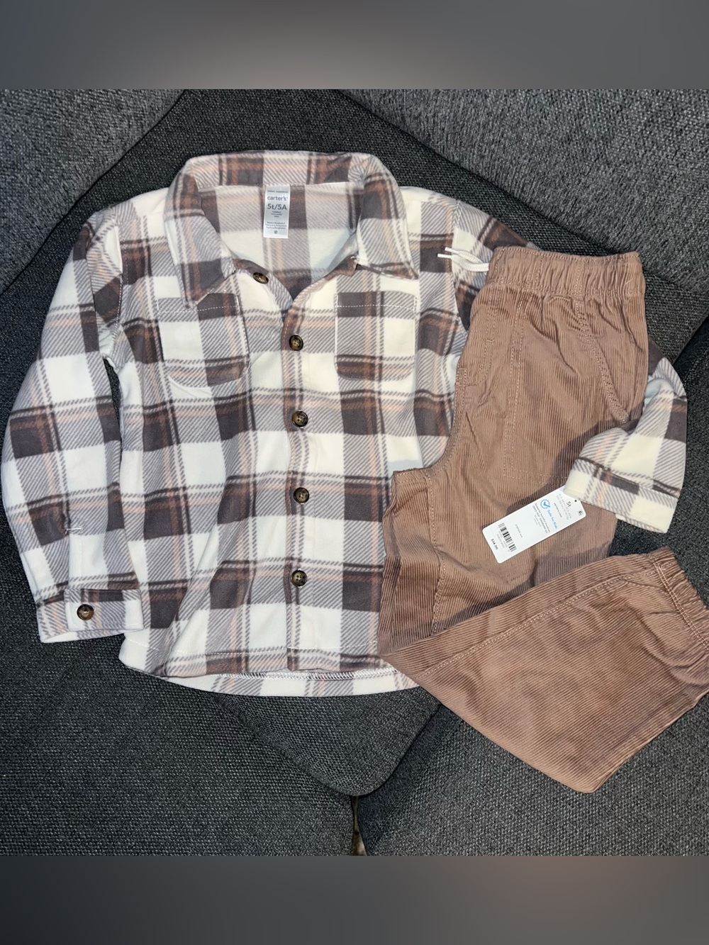Carter's Brown and Cream Plaid Flannel Set with Brown Corduroy Pants